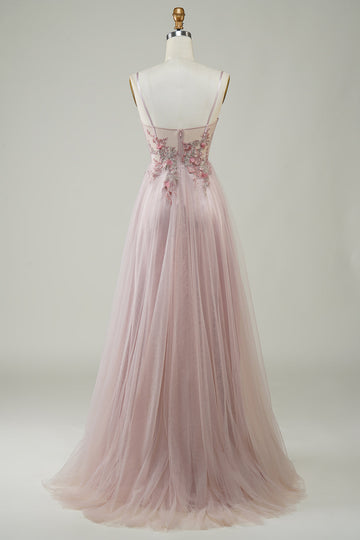 Blush Corset A-Line Long Prom Dress med blomster